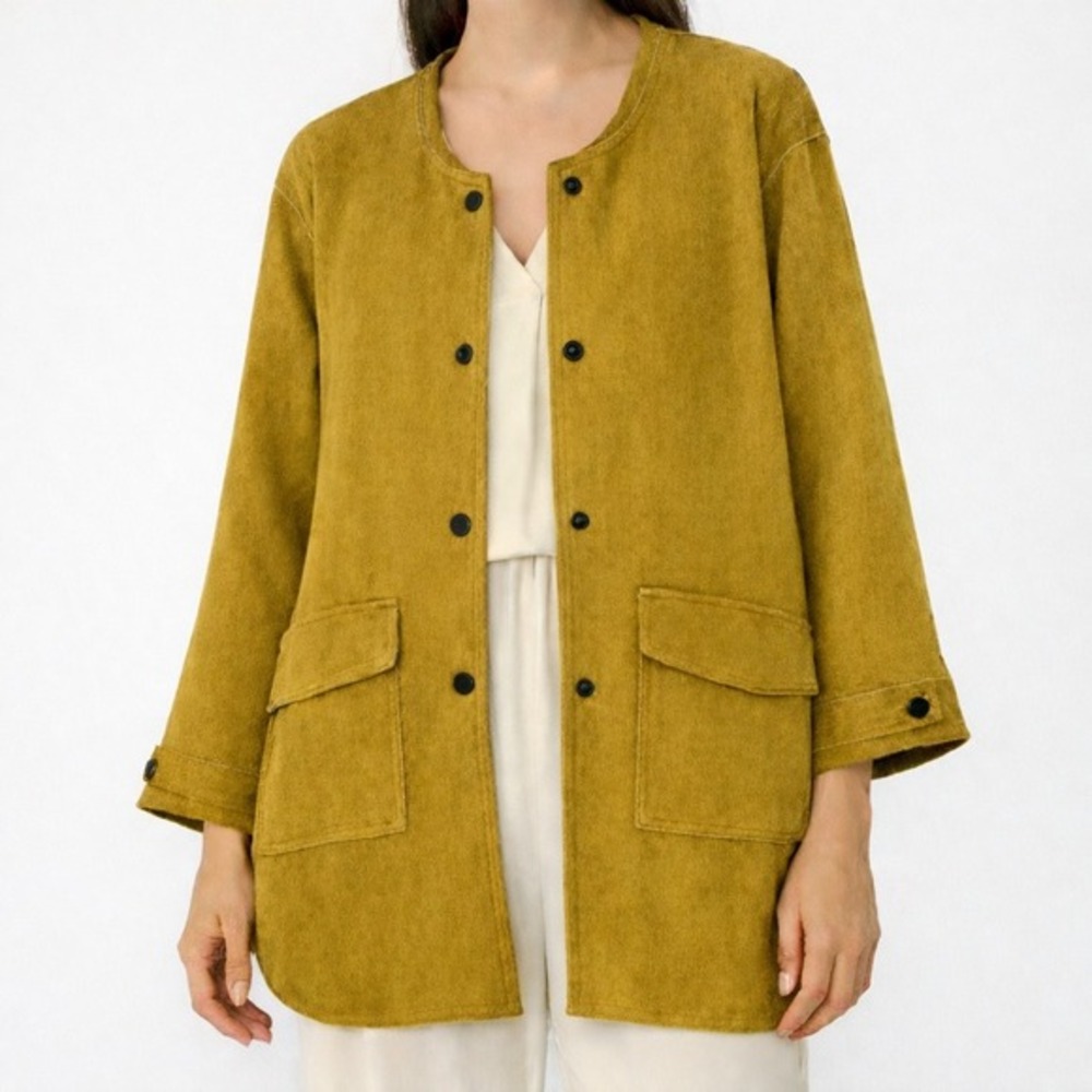 Luii Faux Suede Jacket Women M Mustard Yellow‎ Utility 3/4 Sleeve Long Blazer